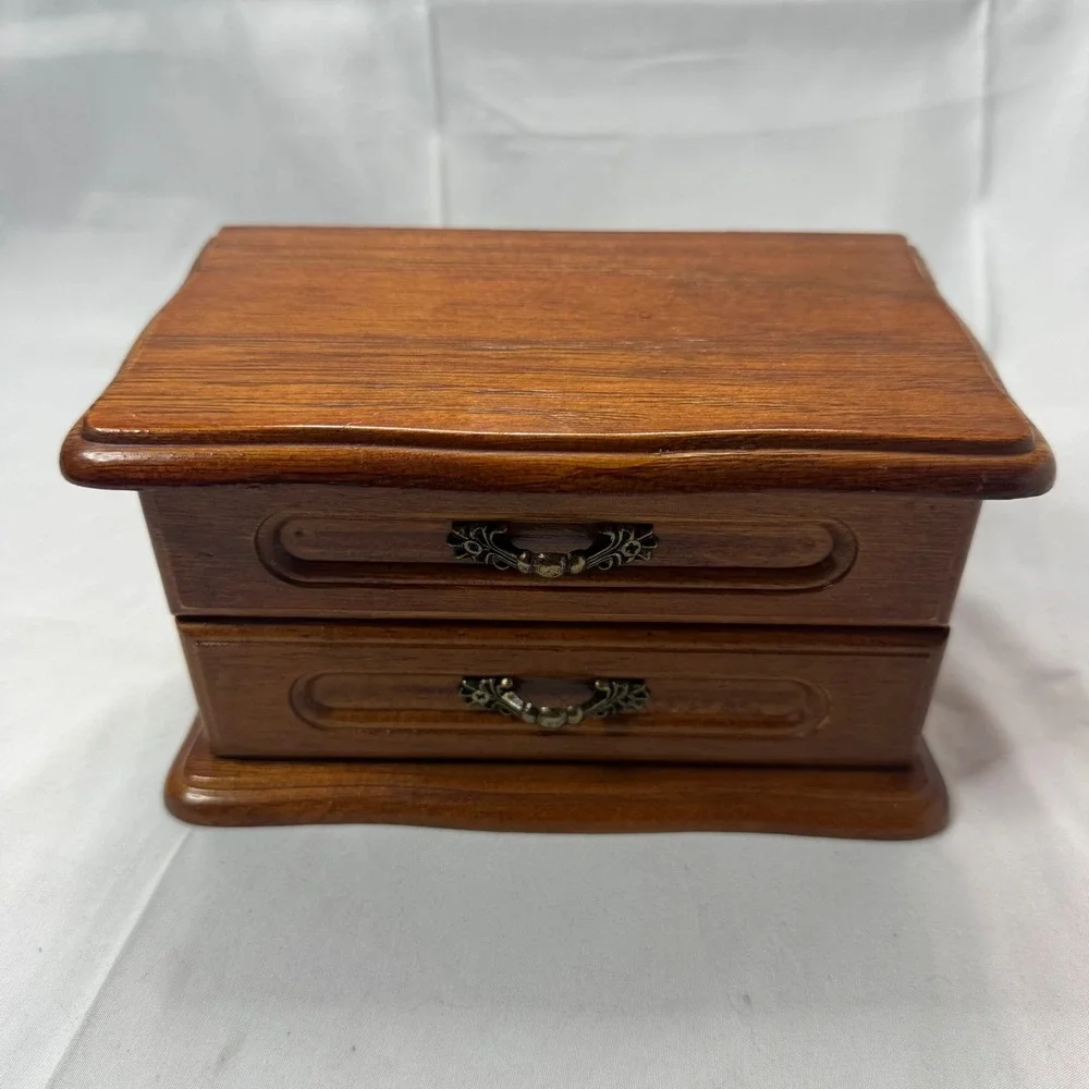 Vintage Wooden Jewelry Box with Mirror Ring Rolls and Drawer Brown Wood Finish